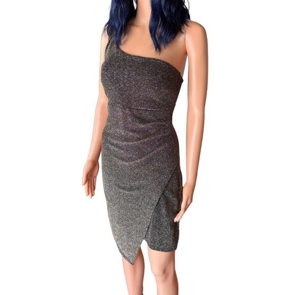 Emerald Sundae Metallic Black One Shoulder Dress Large Juniors Sparkle Bodycon - Picture 4 of 7